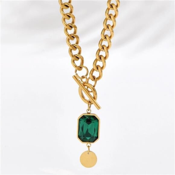 Emerald Green Toggle Necklace | Gold Stainless Steel - Picture 3 of 4